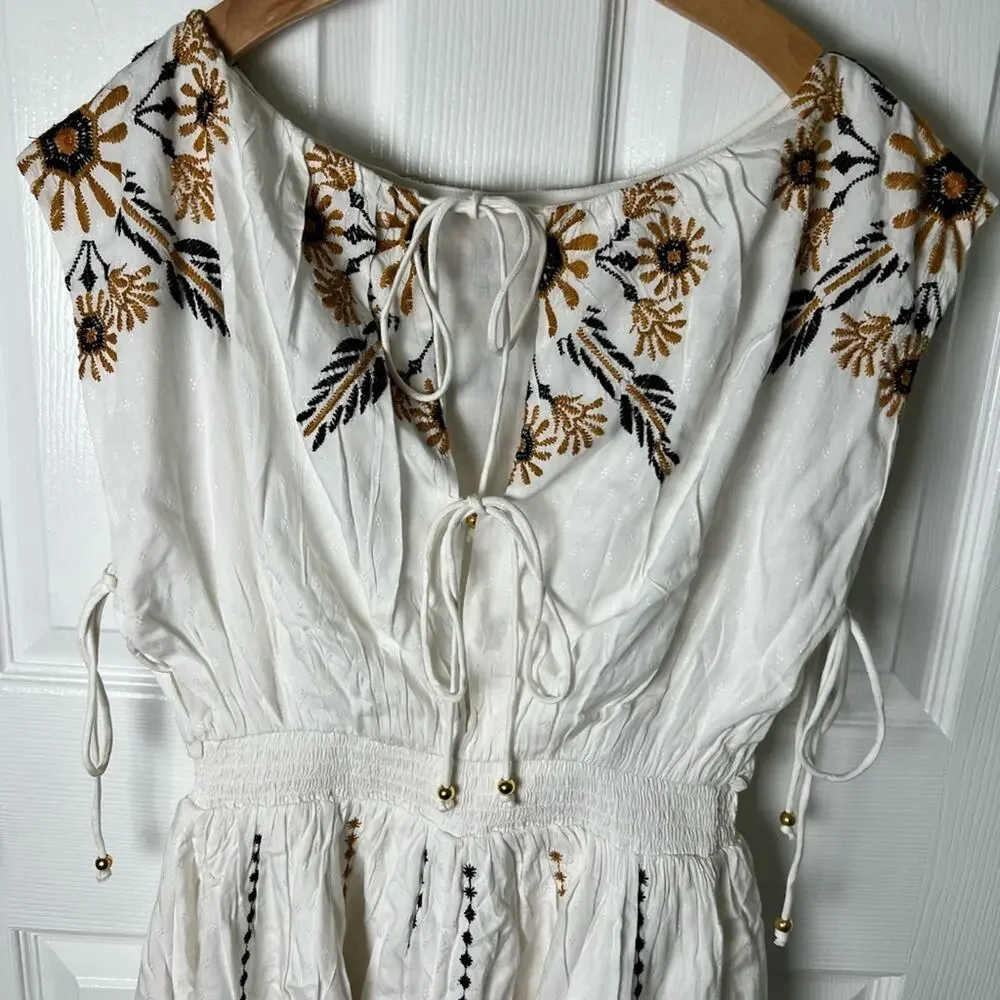 Free People Floral Embroidered Smocked Tie Back Catalina Romper Ivory Combo S - Picture 11 of 14